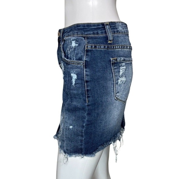 KanCan Skirt Juniors 3 25" Blue Denim Pencil Straight Mini Skirt Distress Casual - Picture 3 of 7